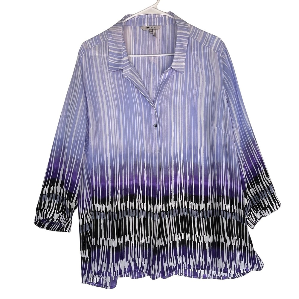 Zozo Womens XXL Purple Ombre Striped Tunic Blouse 3/4 Sleeve Button Front Top